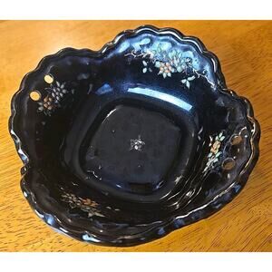 Vintage Japan Redware Hand Painted Dot Flowers Dish w/ holes for Ribbon, Hanger